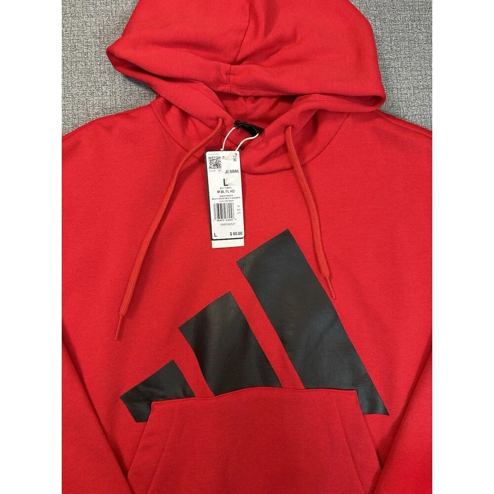 New   ADIDAS LOGO Men's Long Sleeve Fleece Active Hoodie Red Size L